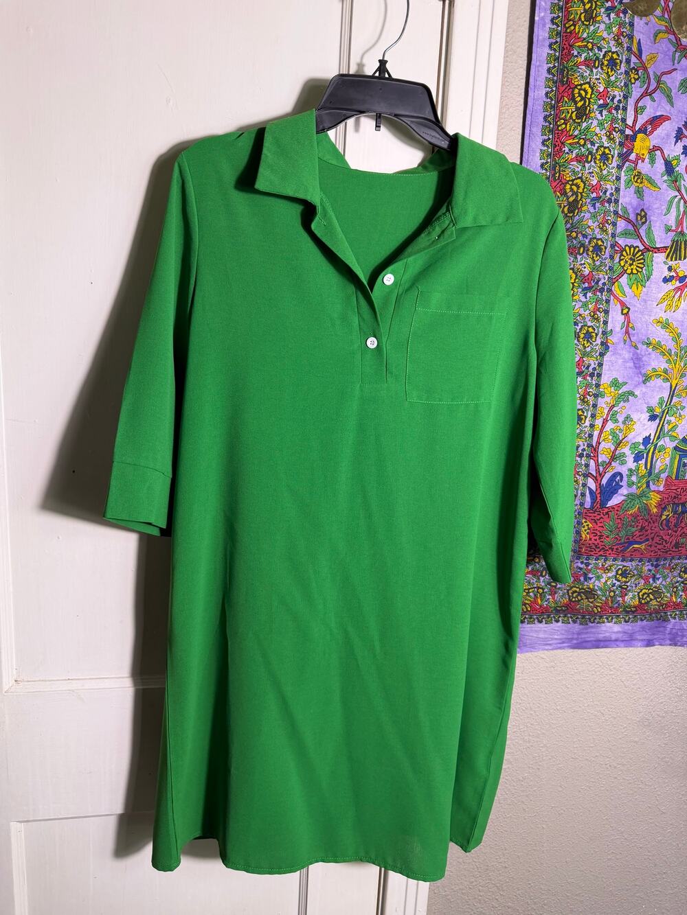 SHEIN Green Shirt Dress M US 6 Collared 3/4 Sleeve Pocket Shift Mini Dress